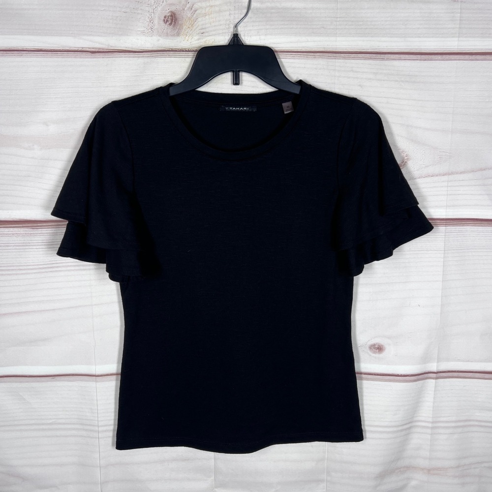 T Tahari Ruffle Sleeve Top Womens XS Black Solid Tiered Short Sleeve Crew Neck